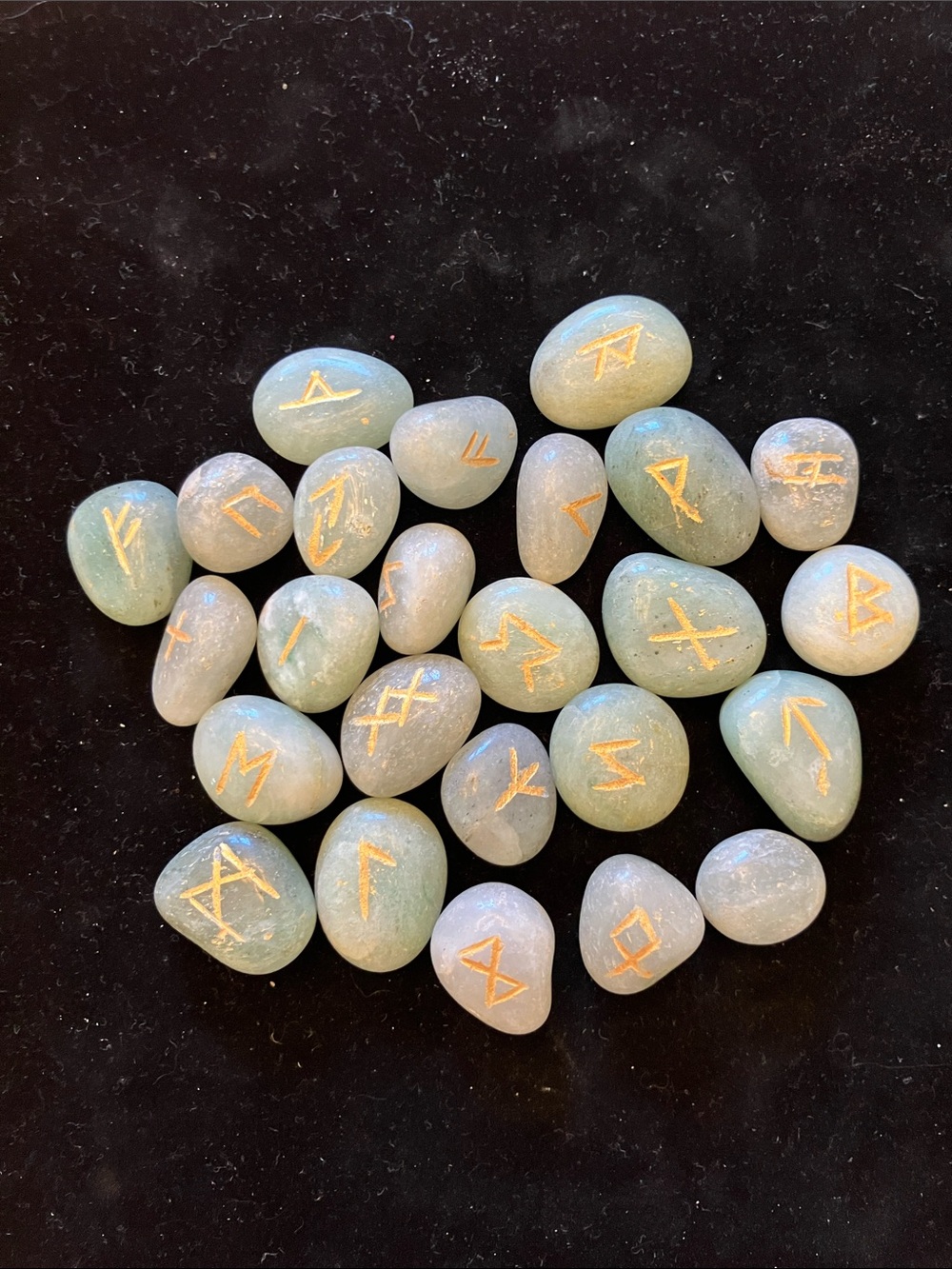 Amazonite Gemstone 25 Rune Stones Set w/ Elder Futhark Alphabet Symbol 1/2” size